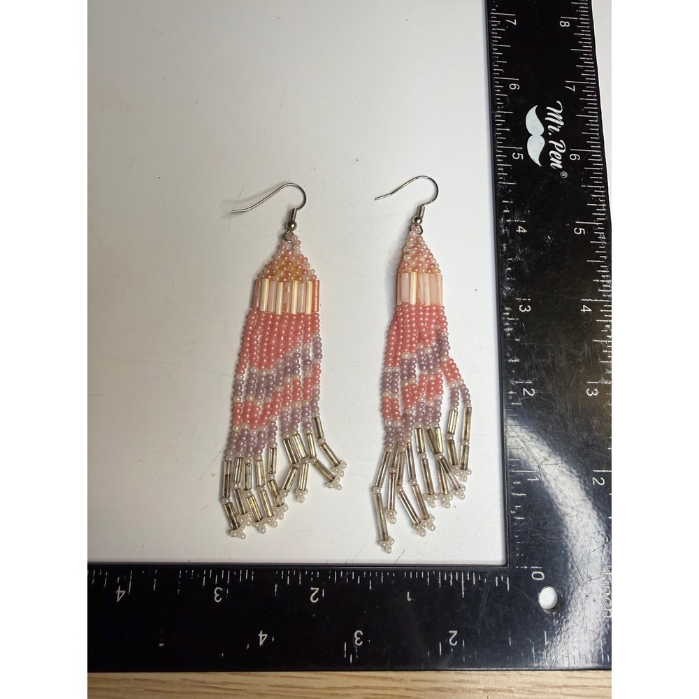 Pink Lavender Beaded Fringe Earrings Pastel Ombre Tassel Dangle Boho 4 Inch
